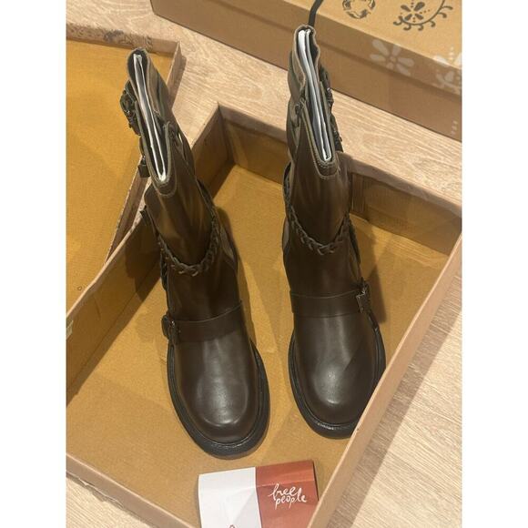 Free People Women's Billie Buckle Boots Leather Olive Green Size 8.5 NWB - Picture 7 of 10